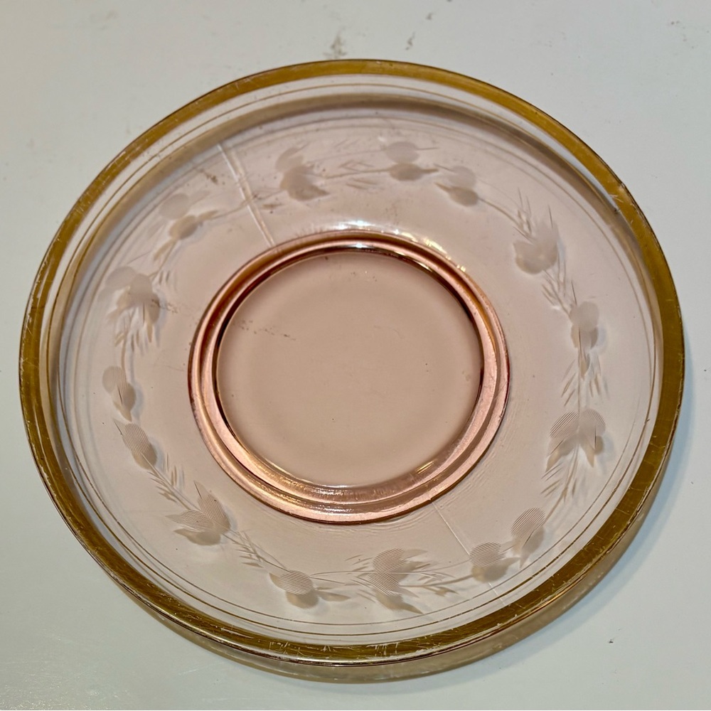 Vintage Pink Depression Glass Round Wheat Etch Salad Gold Trim Plate 8" (1920s)
